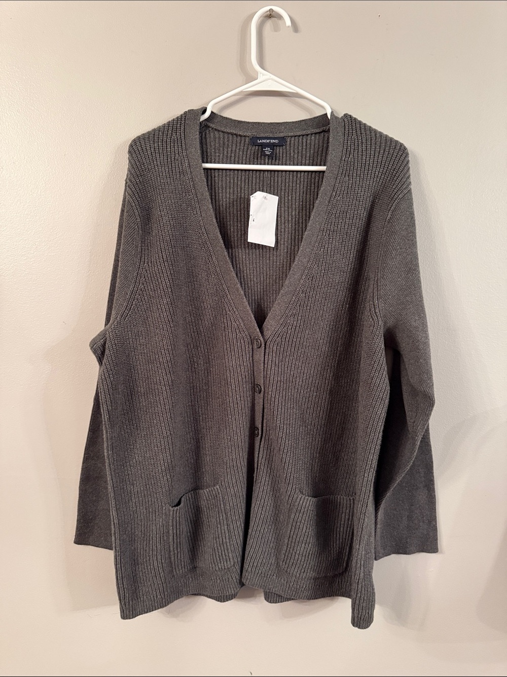Lands' End Dark Gray Ribbed V-Neck Button Front Cardigan